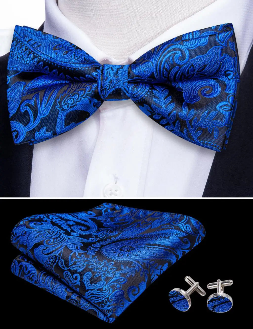 Barry.Wang Navy Royal Sky Blue Silk Mens Bow Tie Jacquard Paisley Floral Pre-Tied Bowtie Hanky Cufflinks Set Wedding Business