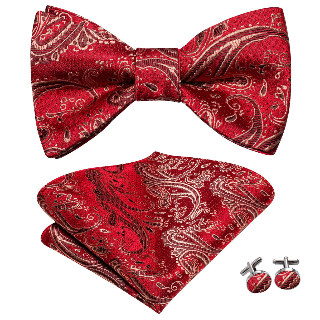 Hi-Tie - Juego de gemelos y pañuelo de seda para hombre, diseño de lazo, en azul, rojo, dorado, negro y blanco, con nudo de mariposa en jacquard para boda y negocios