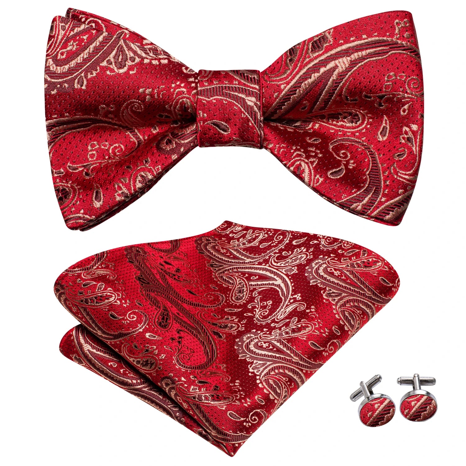 Hi-Tie - Juego de gemelos y pañuelo de seda para hombre, diseño de lazo, en azul, rojo, dorado, negro y blanco, con nudo de mariposa en jacquard para boda y negocios