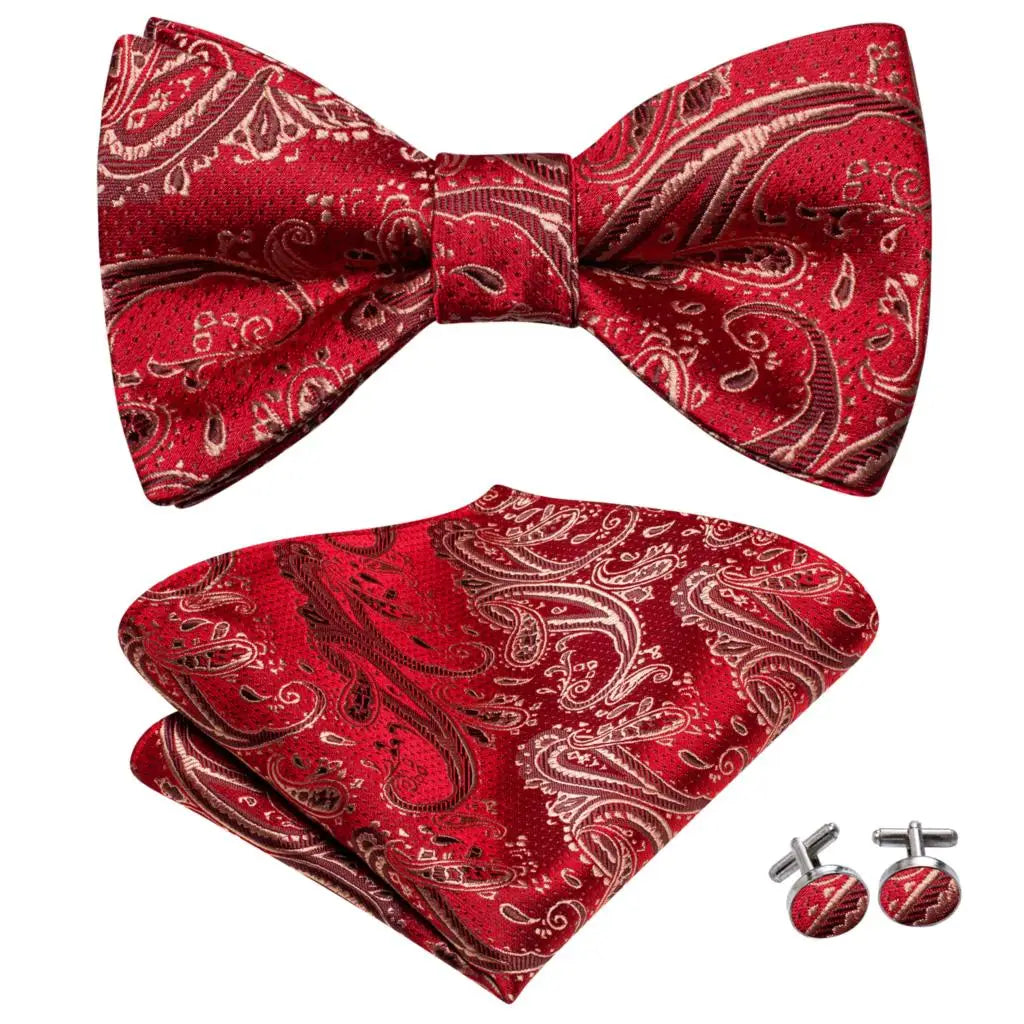Hi-Tie - Juego de gemelos y pañuelo de seda para hombre, diseño de lazo, en azul, rojo, dorado, negro y blanco, con nudo de mariposa en jacquard para boda y negocios