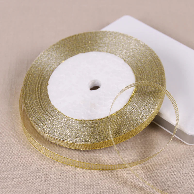 Rubans métalliques pailletés dorés et argentés de 6 mm (1/4"), 25 yards, pour bricolage, artisanat, couture, tissu, fête de Noël, mariage, emballage cadeau
