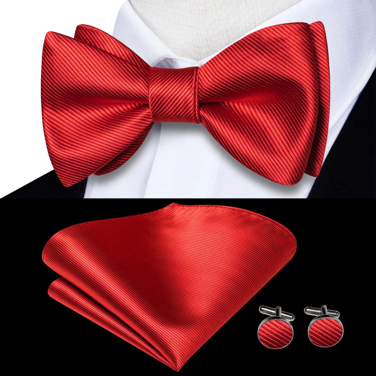 Hi-Tie - Juego de gemelos y pañuelo de seda para hombre, diseño de lazo, en azul, rojo, dorado, negro y blanco, con nudo de mariposa en jacquard para boda y negocios