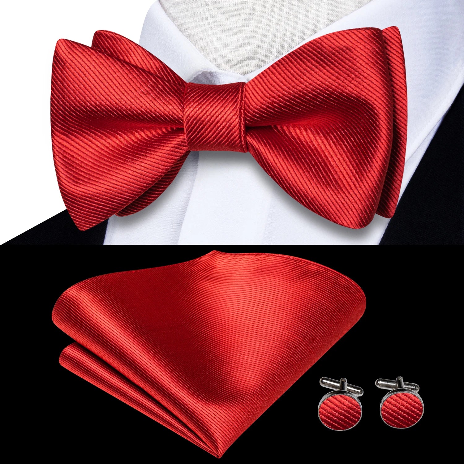 Hi-Tie - Juego de gemelos y pañuelo de seda para hombre, diseño de lazo, en azul, rojo, dorado, negro y blanco, con nudo de mariposa en jacquard para boda y negocios