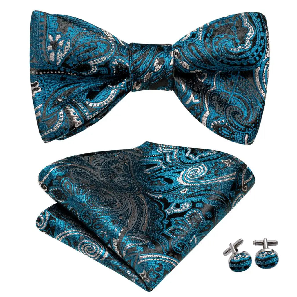 Hi-Tie - Juego de gemelos y pañuelo de seda para hombre, diseño de lazo, en azul, rojo, dorado, negro y blanco, con nudo de mariposa en jacquard para boda y negocios