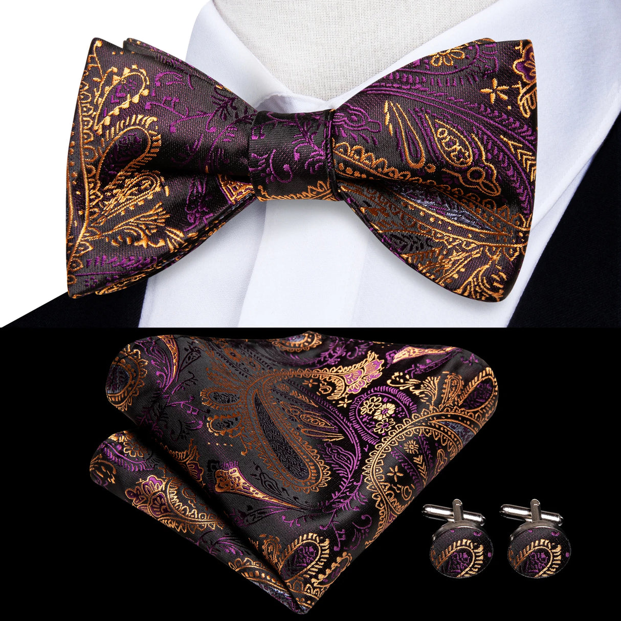 Hi-Tie - Juego de gemelos y pañuelo de seda para hombre, diseño de lazo, en azul, rojo, dorado, negro y blanco, con nudo de mariposa en jacquard para boda y negocios