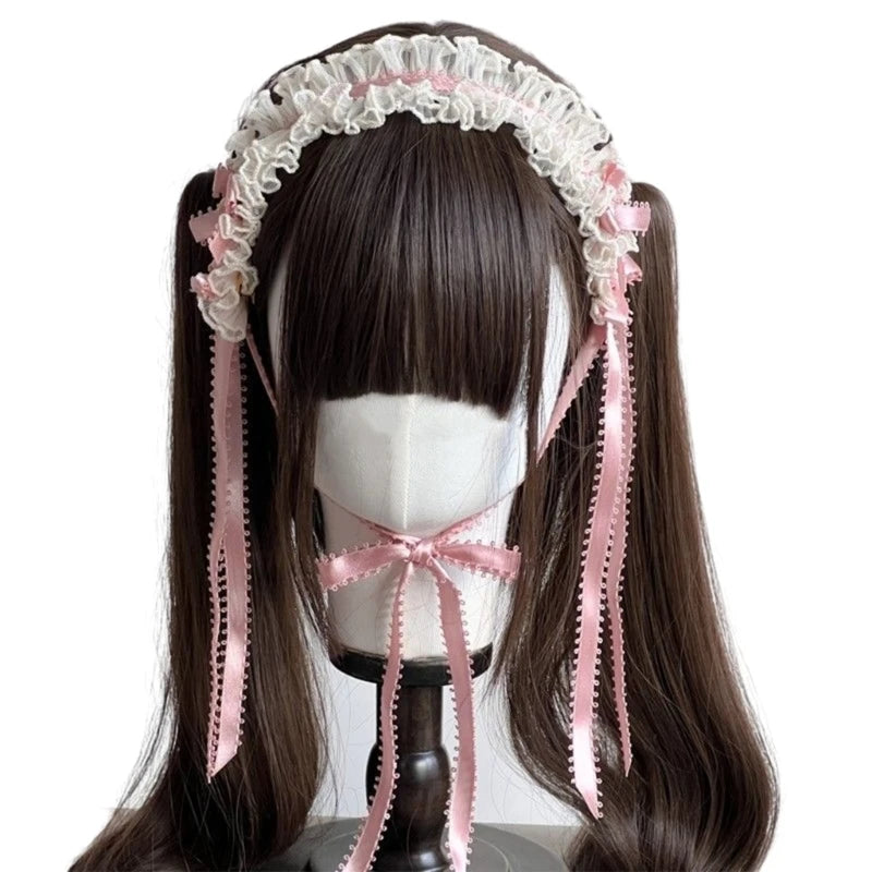Gothic Headbands for Women Subculture Headband Gothic Bow White Headwear Cosplay Maid Flouncing Photo Props