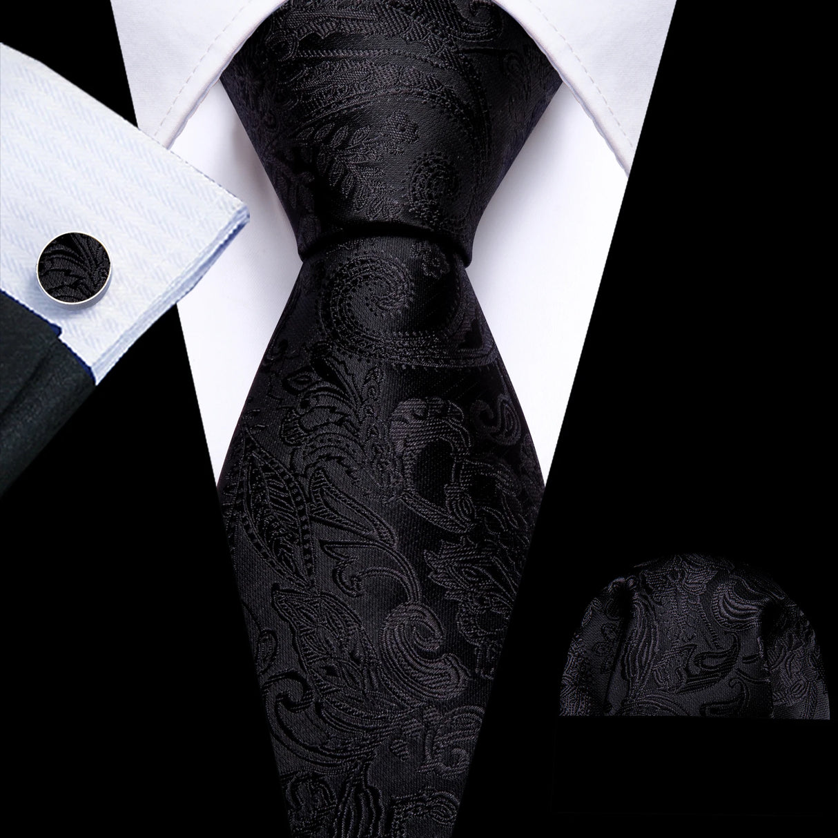 Corbatas de seda negras para hombre, clásicas, lisas, de alta calidad, tejidas, de bolsillo, con gemelos, para fiestas, formales, de diseño Barry.Wang