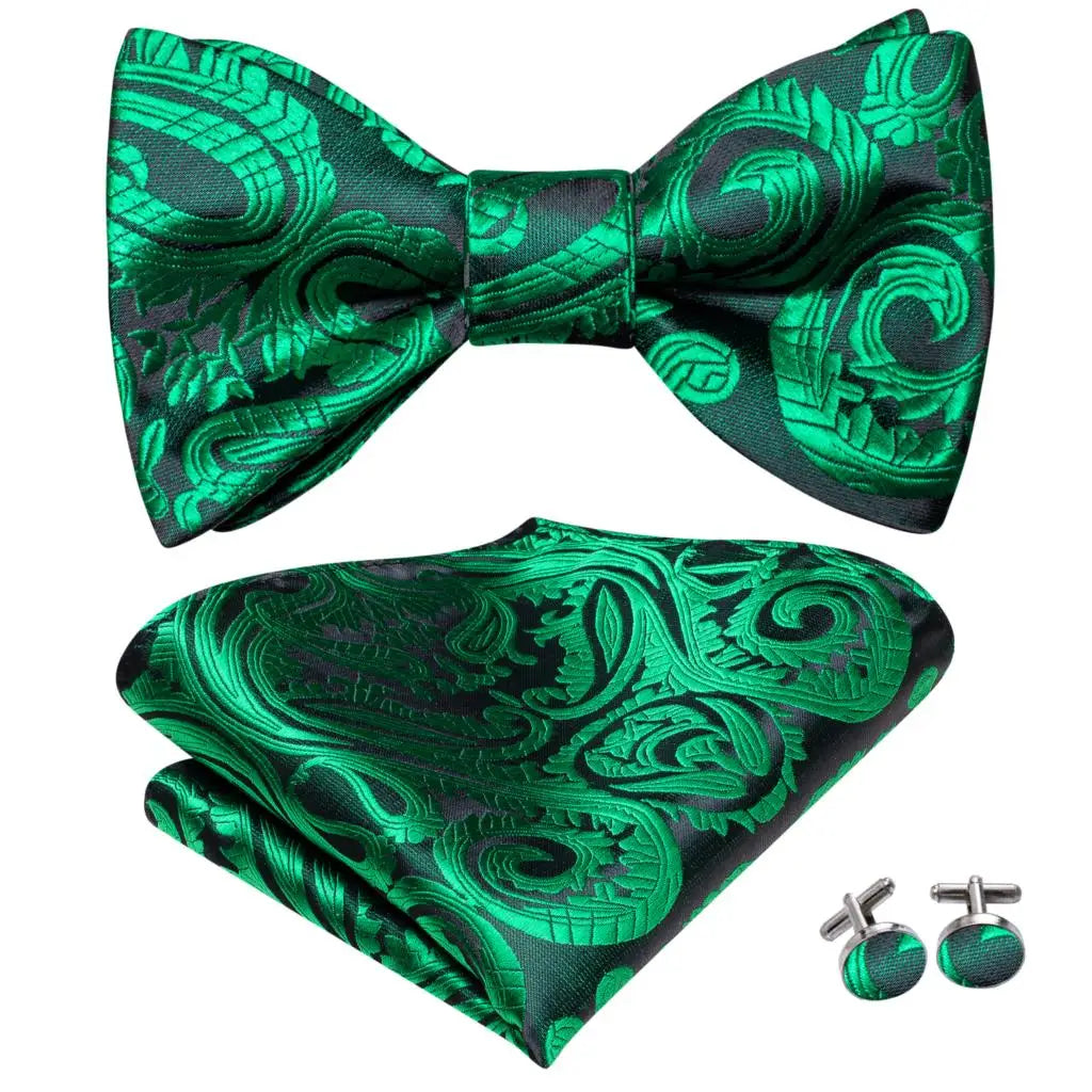 Hi-Tie - Juego de gemelos y pañuelo de seda para hombre, diseño de lazo, en azul, rojo, dorado, negro y blanco, con nudo de mariposa en jacquard para boda y negocios