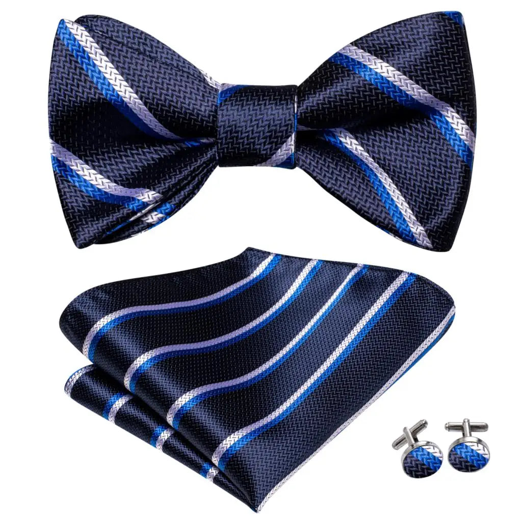 Hi-Tie - Juego de gemelos y pañuelo de seda para hombre, diseño de lazo, en azul, rojo, dorado, negro y blanco, con nudo de mariposa en jacquard para boda y negocios
