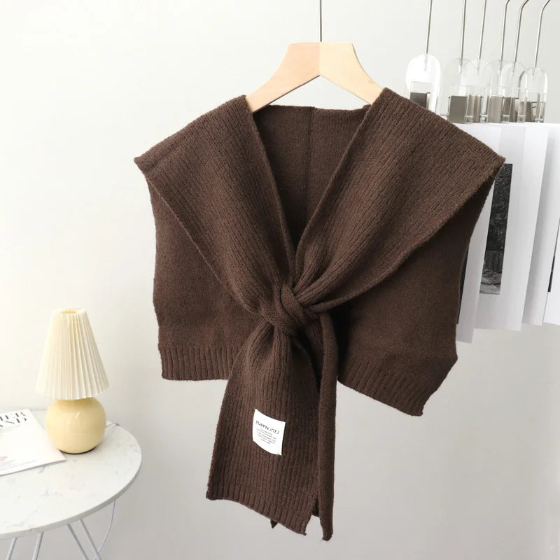 Chal de punto cálido de color puro coreano para invierno, blusa femenina con hombros descubiertos y cuello falso, bufanda anudada, protector de cuello para mujer