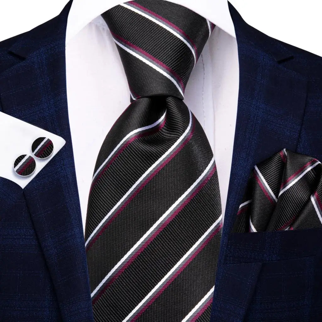 Corbata de boda de seda a rayas negras y rojas para hombre, gemelos de regalo, corbata de moda para negocios y fiestas, envío directo, diseño Hi-Tie