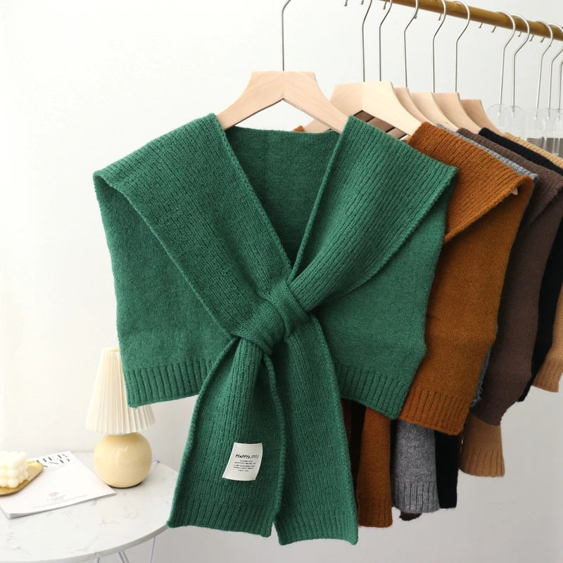 Chal de punto cálido de color puro coreano para invierno, blusa femenina con hombros descubiertos y cuello falso, bufanda anudada, protector de cuello para mujer