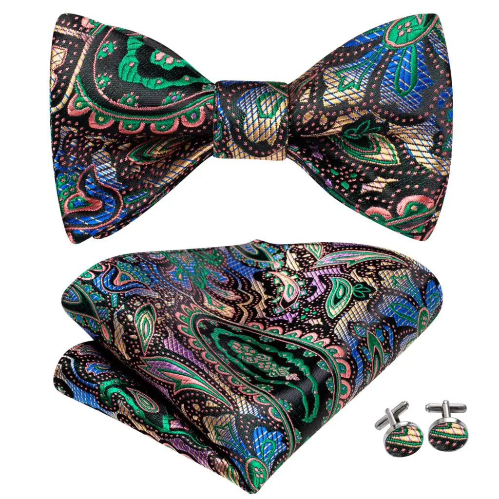 Hi-Tie - Juego de gemelos y pañuelo de seda para hombre, diseño de lazo, en azul, rojo, dorado, negro y blanco, con nudo de mariposa en jacquard para boda y negocios