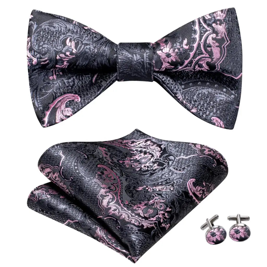 Hi-Tie - Juego de gemelos y pañuelo de seda para hombre, diseño de lazo, en azul, rojo, dorado, negro y blanco, con nudo de mariposa en jacquard para boda y negocios