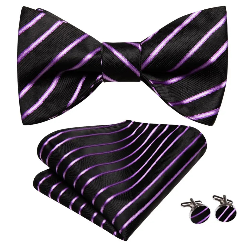 Hi-Tie - Juego de gemelos y pañuelo de seda para hombre, diseño de lazo, en azul, rojo, dorado, negro y blanco, con nudo de mariposa en jacquard para boda y negocios