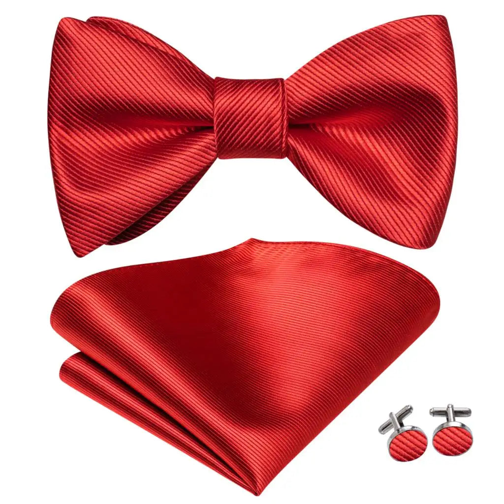 Hi-Tie - Juego de gemelos y pañuelo de seda para hombre, diseño de lazo, en azul, rojo, dorado, negro y blanco, con nudo de mariposa en jacquard para boda y negocios