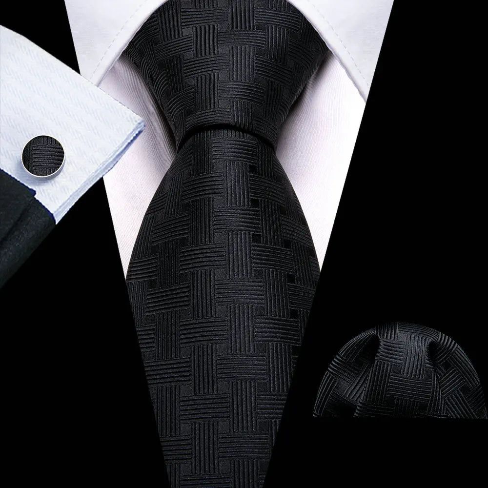Corbatas de seda negras para hombre, clásicas, lisas, de alta calidad, tejidas, de bolsillo, con gemelos, para fiestas, formales, de diseño Barry.Wang