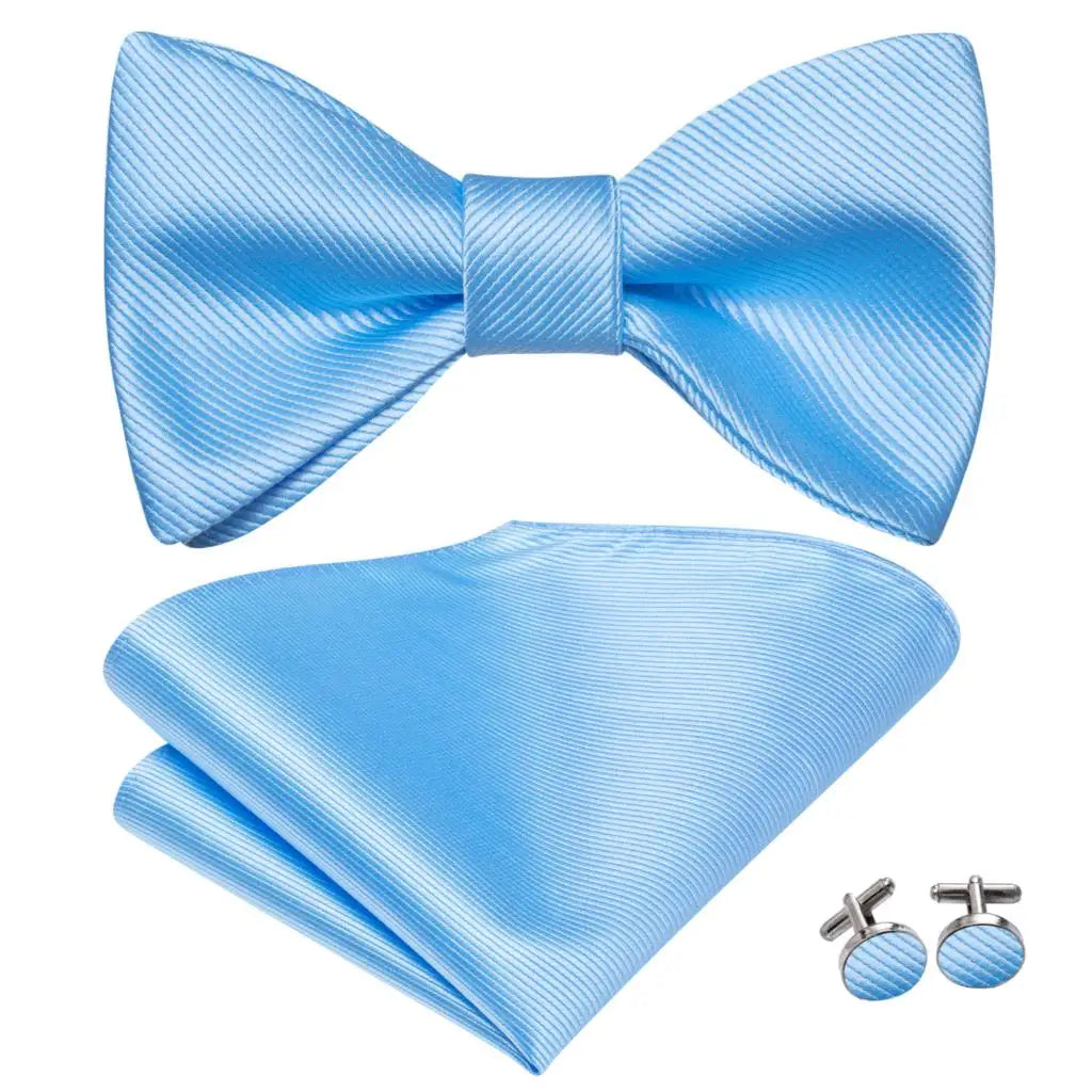 Hi-Tie - Juego de gemelos y pañuelo de seda para hombre, diseño de lazo, en azul, rojo, dorado, negro y blanco, con nudo de mariposa en jacquard para boda y negocios