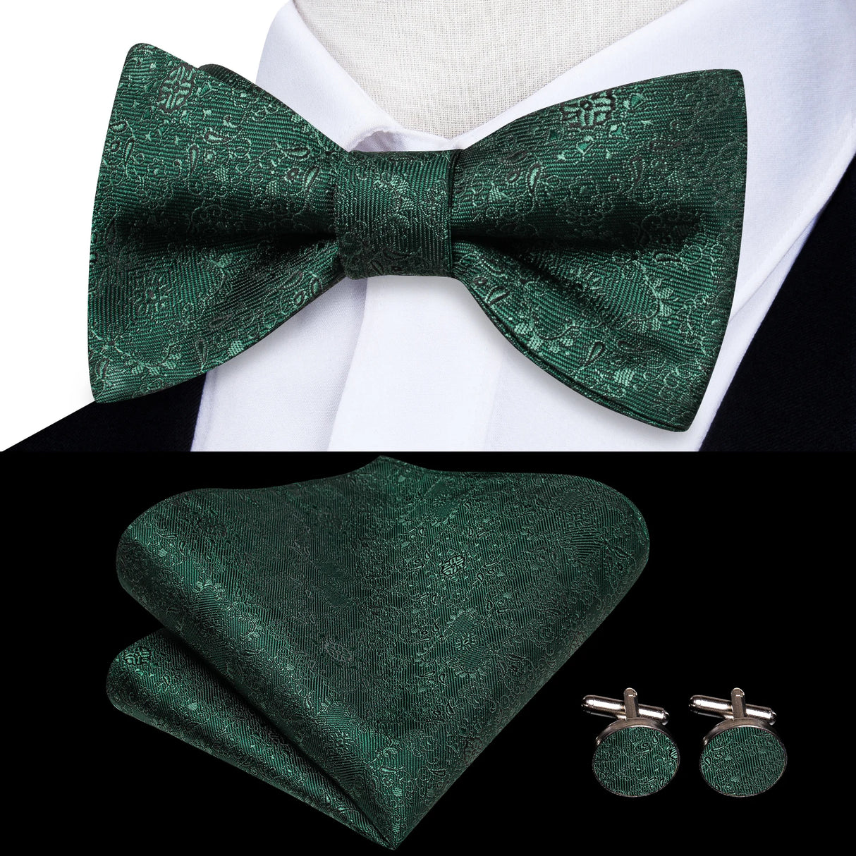 Hi-Tie - Juego de gemelos y pañuelo de seda para hombre, diseño de lazo, en azul, rojo, dorado, negro y blanco, con nudo de mariposa en jacquard para boda y negocios