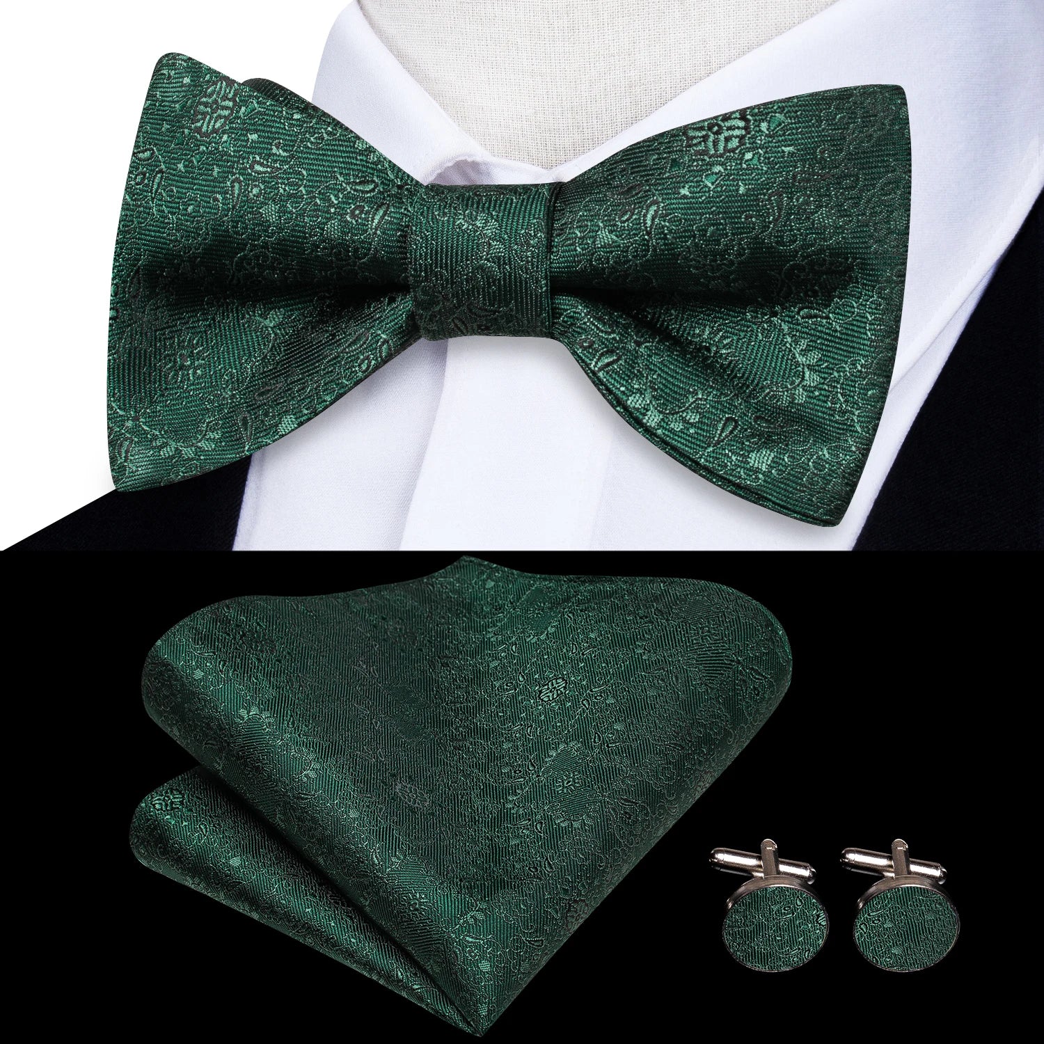Hi-Tie - Juego de gemelos y pañuelo de seda para hombre, diseño de lazo, en azul, rojo, dorado, negro y blanco, con nudo de mariposa en jacquard para boda y negocios