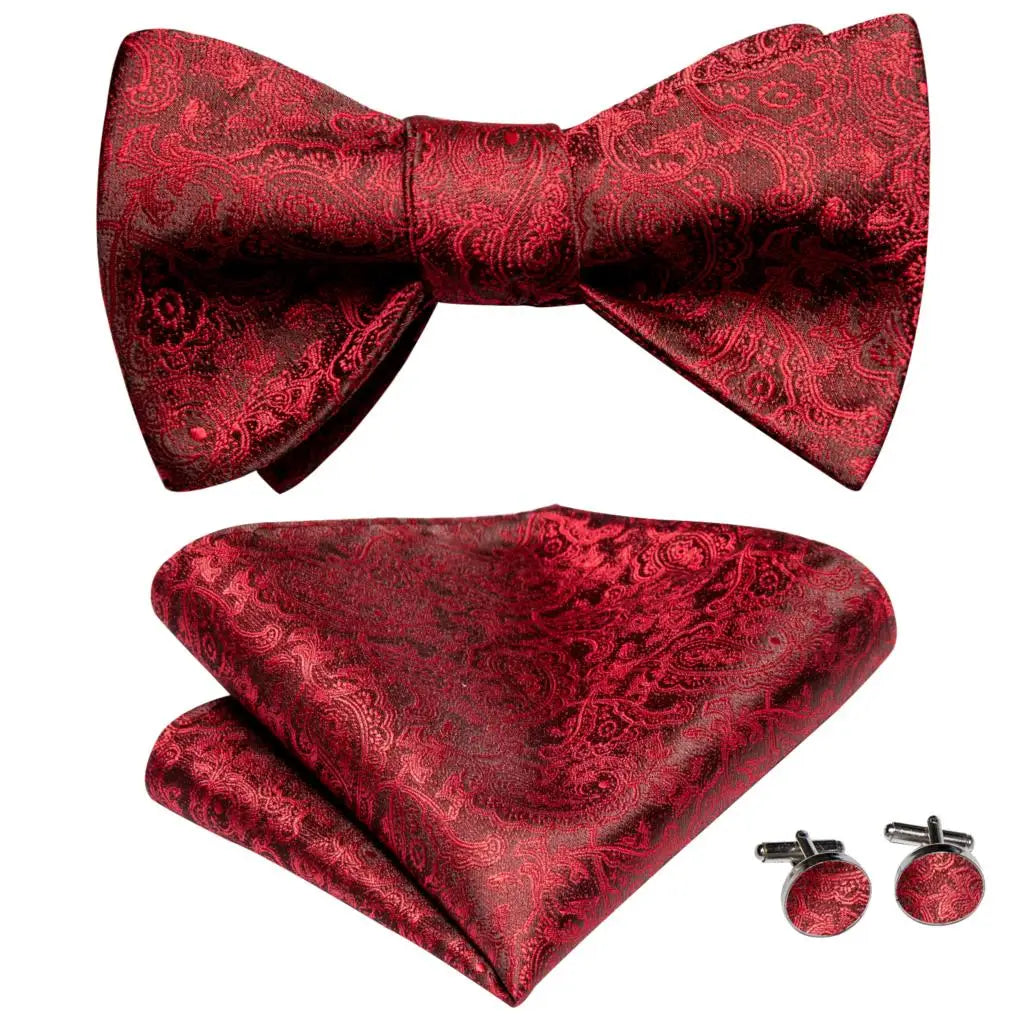 Hi-Tie - Juego de gemelos y pañuelo de seda para hombre, diseño de lazo, en azul, rojo, dorado, negro y blanco, con nudo de mariposa en jacquard para boda y negocios