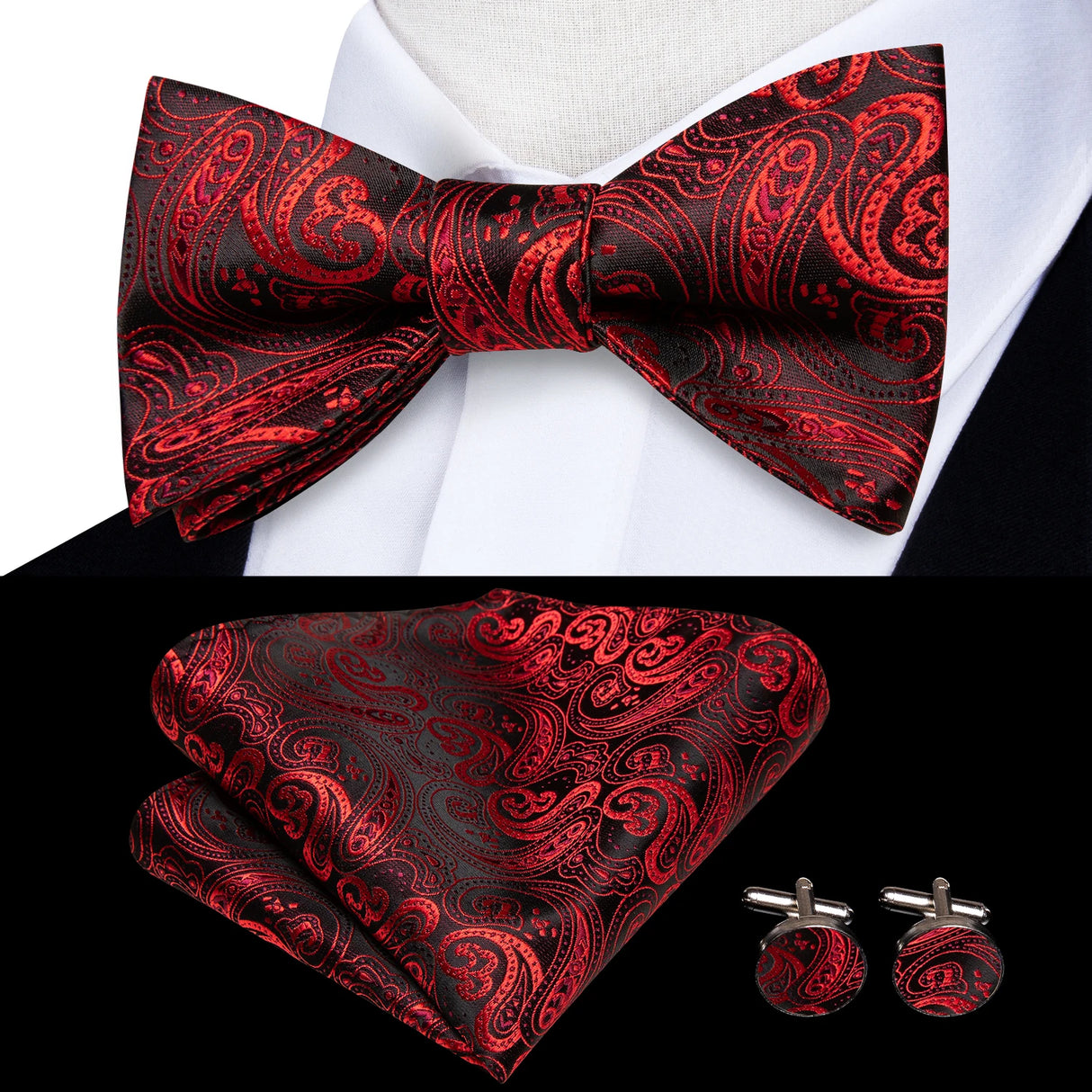 Hi-Tie - Juego de gemelos y pañuelo de seda para hombre, diseño de lazo, en azul, rojo, dorado, negro y blanco, con nudo de mariposa en jacquard para boda y negocios