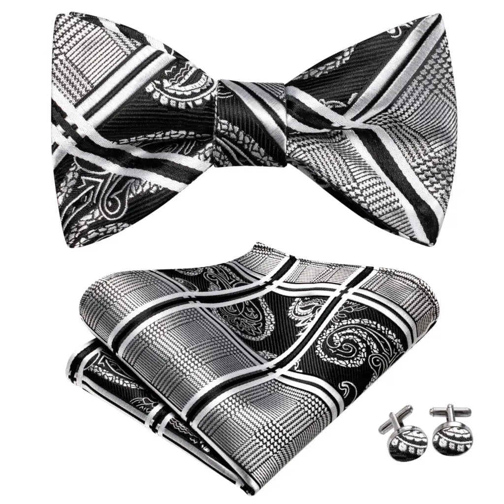 Hi-Tie - Juego de gemelos y pañuelo de seda para hombre, diseño de lazo, en azul, rojo, dorado, negro y blanco, con nudo de mariposa en jacquard para boda y negocios