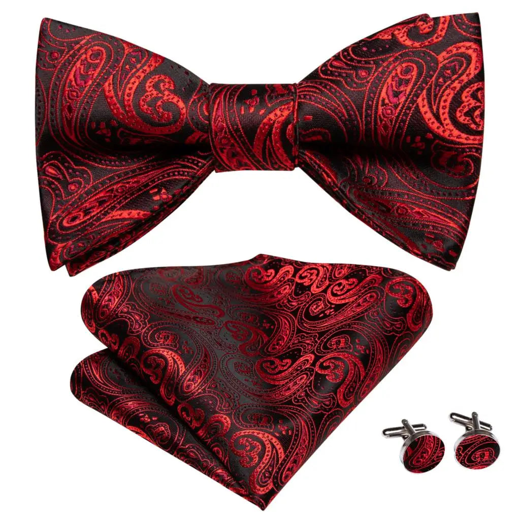 Hi-Tie - Juego de gemelos y pañuelo de seda para hombre, diseño de lazo, en azul, rojo, dorado, negro y blanco, con nudo de mariposa en jacquard para boda y negocios
