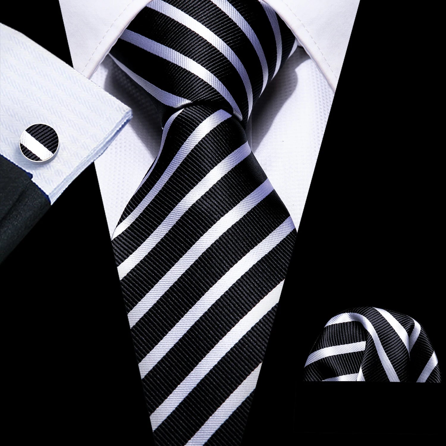 Corbatas de seda negras para hombre, clásicas, lisas, de alta calidad, tejidas, de bolsillo, con gemelos, para fiestas, formales, de diseño Barry.Wang