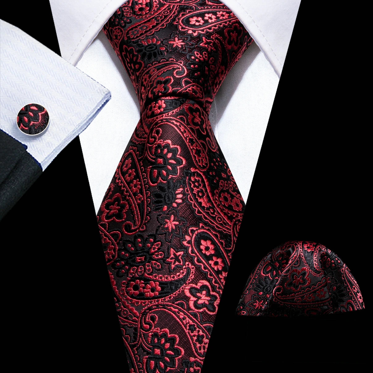 Corbata de boda de seda roja con rayas de tejido jacquard para hombre, juego de corbata, pañuelo y gemelos, Barry.Wang, diseñador de moda FA-5028