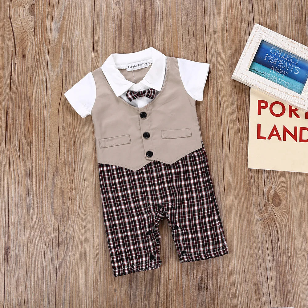 Barboteuse d'été pour nouveau-né, tenue de gentleman pour bébé garçon, combinaison formelle avec nœud papillon, vêtements pour bébé garçon, vêtements pour bébé de 0 à 3 ans