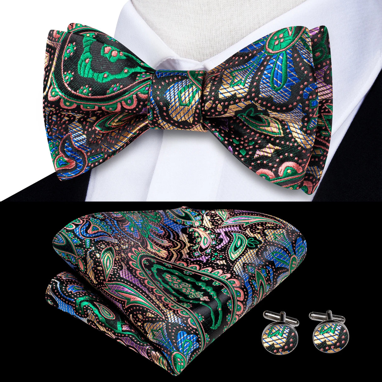Hi-Tie - Juego de gemelos y pañuelo de seda para hombre, diseño de lazo, en azul, rojo, dorado, negro y blanco, con nudo de mariposa en jacquard para boda y negocios
