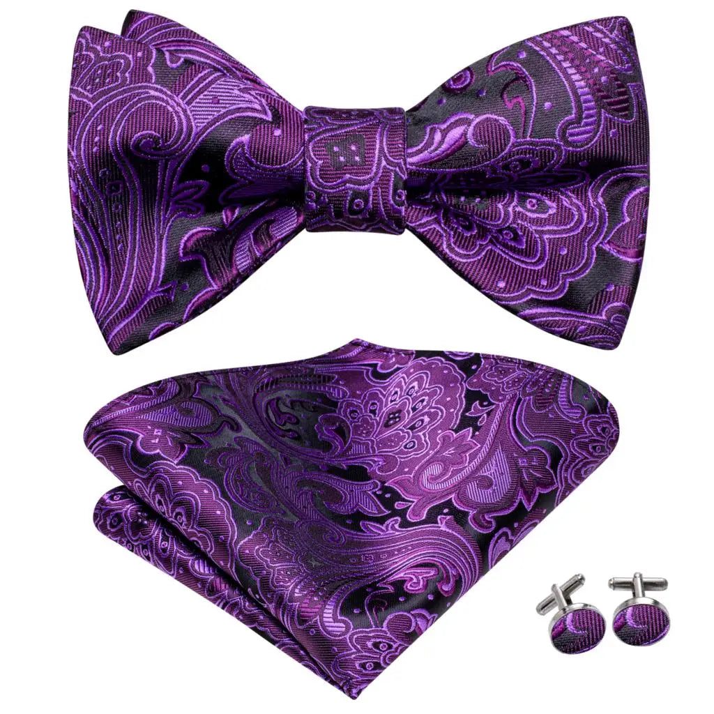 Hi-Tie - Juego de gemelos y pañuelo de seda para hombre, diseño de lazo, en azul, rojo, dorado, negro y blanco, con nudo de mariposa en jacquard para boda y negocios