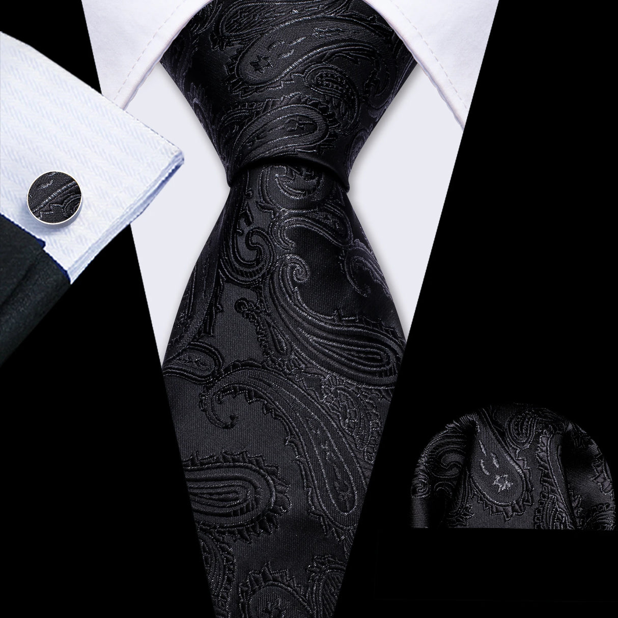 Corbatas de seda negras para hombre, clásicas, lisas, de alta calidad, tejidas, de bolsillo, con gemelos, para fiestas, formales, de diseño Barry.Wang