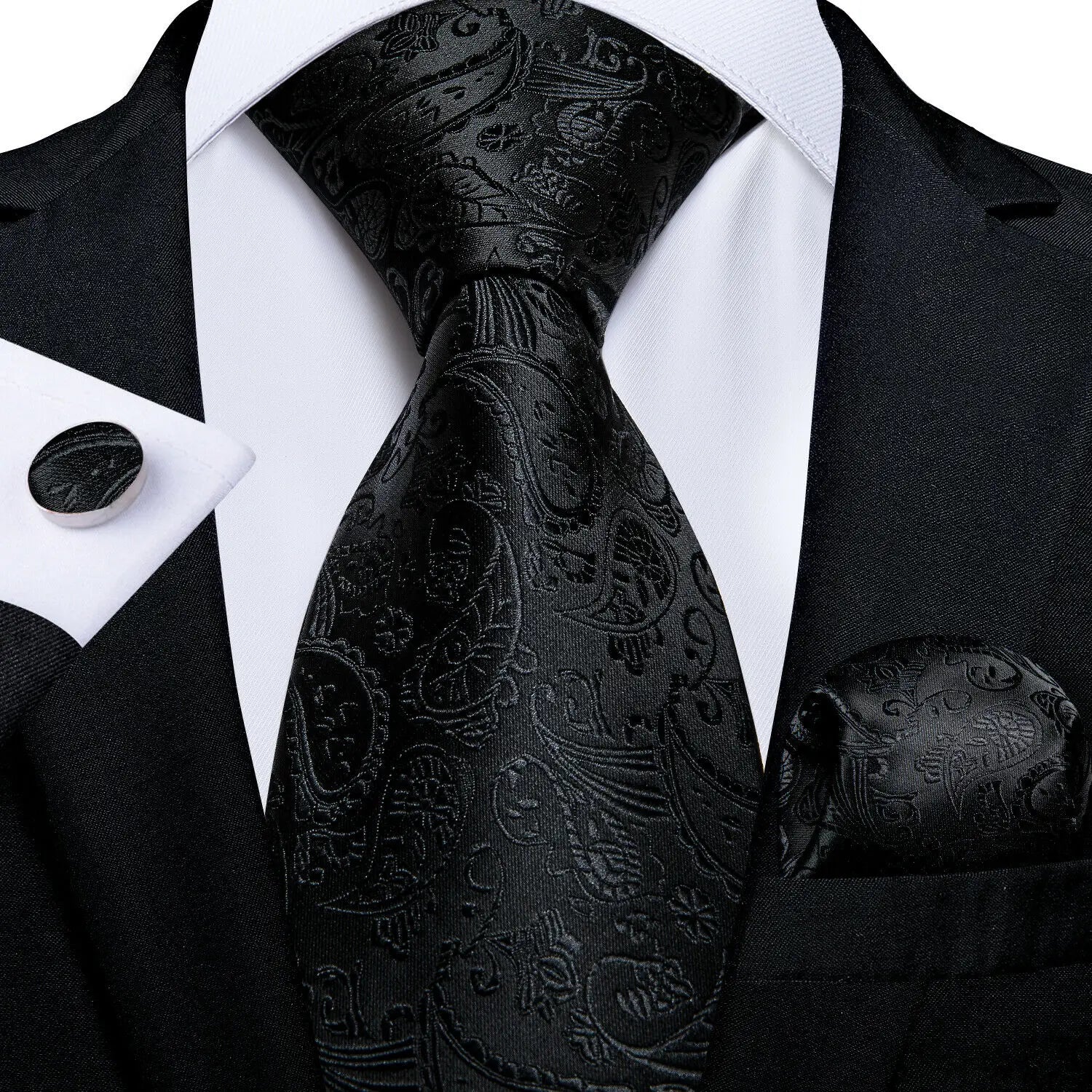 Corbatas de seda negras para hombre, clásicas, lisas, de alta calidad, tejidas, de bolsillo, con gemelos, para fiestas, formales, de diseño Barry.Wang