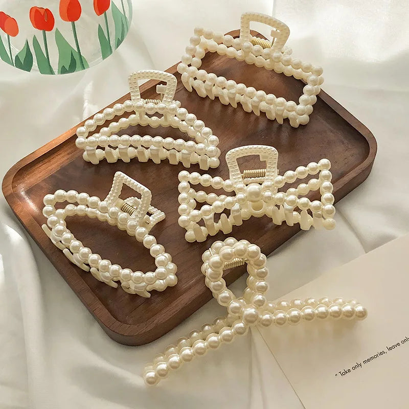 5pcs/set Korean Imitation Pearl Hairpins Geometric Hair Claws Bath Large Catch Clip Shark Clip Back Head Women Hair Accessories