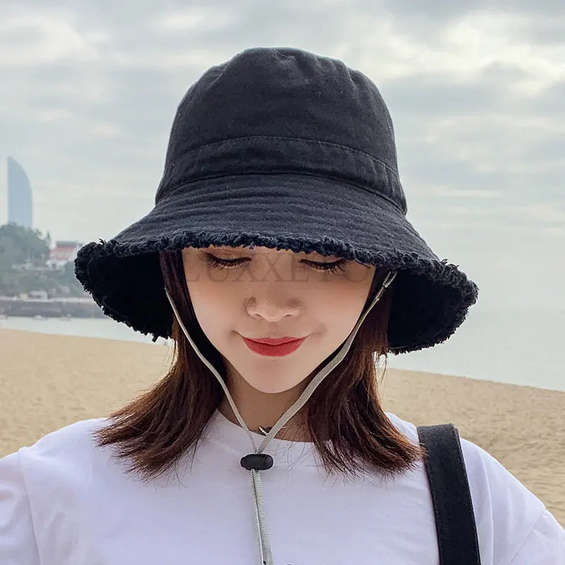 Cotton Dome Top Sun Bucket Hats Solid Panama Women Summer Caps Wide Brim Foldable Outdoor Travel Hat Anti-UV Beach Caps Bonnet
