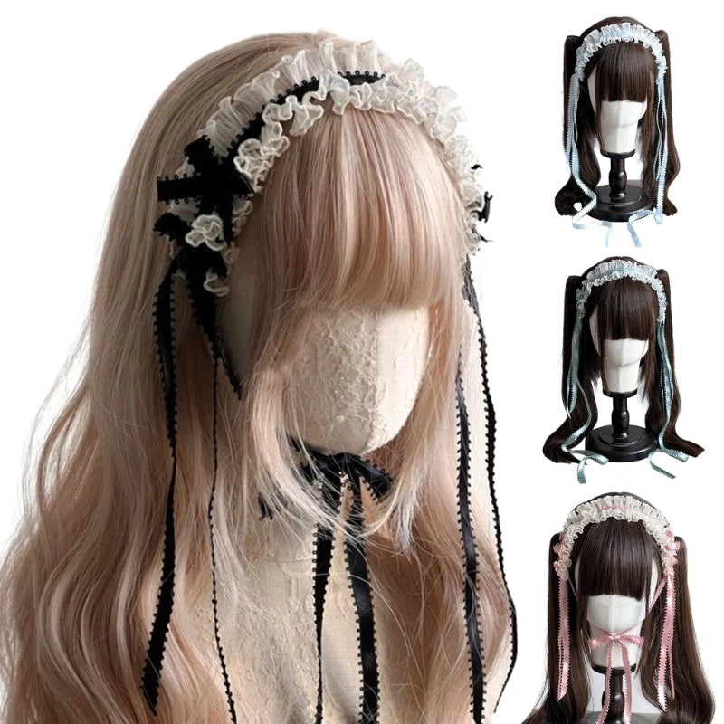 Gothic Headbands for Women Subculture Headband Gothic Bow White Headwear Cosplay Maid Flouncing Photo Props