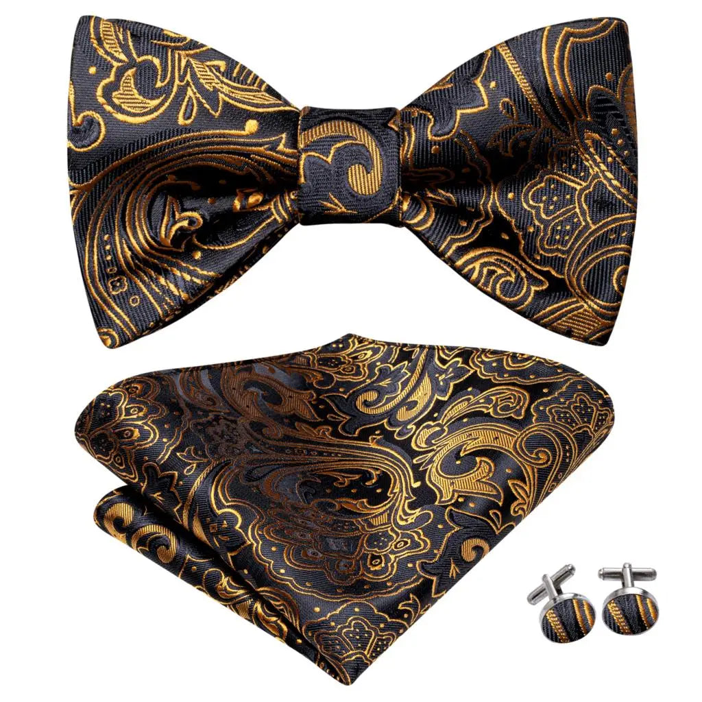 Hi-Tie - Juego de gemelos y pañuelo de seda para hombre, diseño de lazo, en azul, rojo, dorado, negro y blanco, con nudo de mariposa en jacquard para boda y negocios