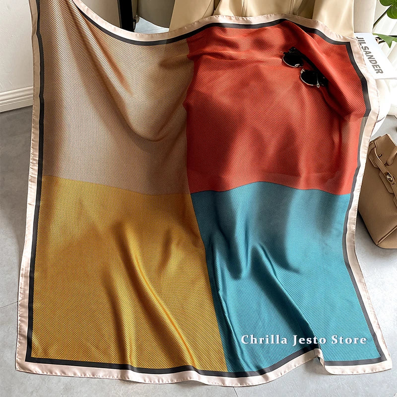 Châle de voyage carré en soie imitation patchwork imprimé couleur pour femme, 110 cm, doux, hijab musulman