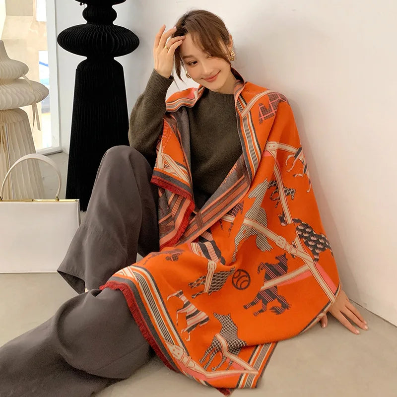 Écharpe de luxe à imprimé cheval pour femme, en cachemire, chaude, pour l'hiver, châles en pashmina, écharpes pour dames, bandana épais