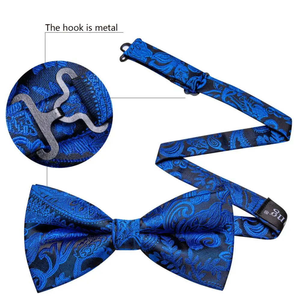 Barry.Wang Navy Royal Sky Blue Silk Mens Bow Tie Jacquard Paisley Floral Pre-Tied Bowtie Hanky Cufflinks Set Wedding Business