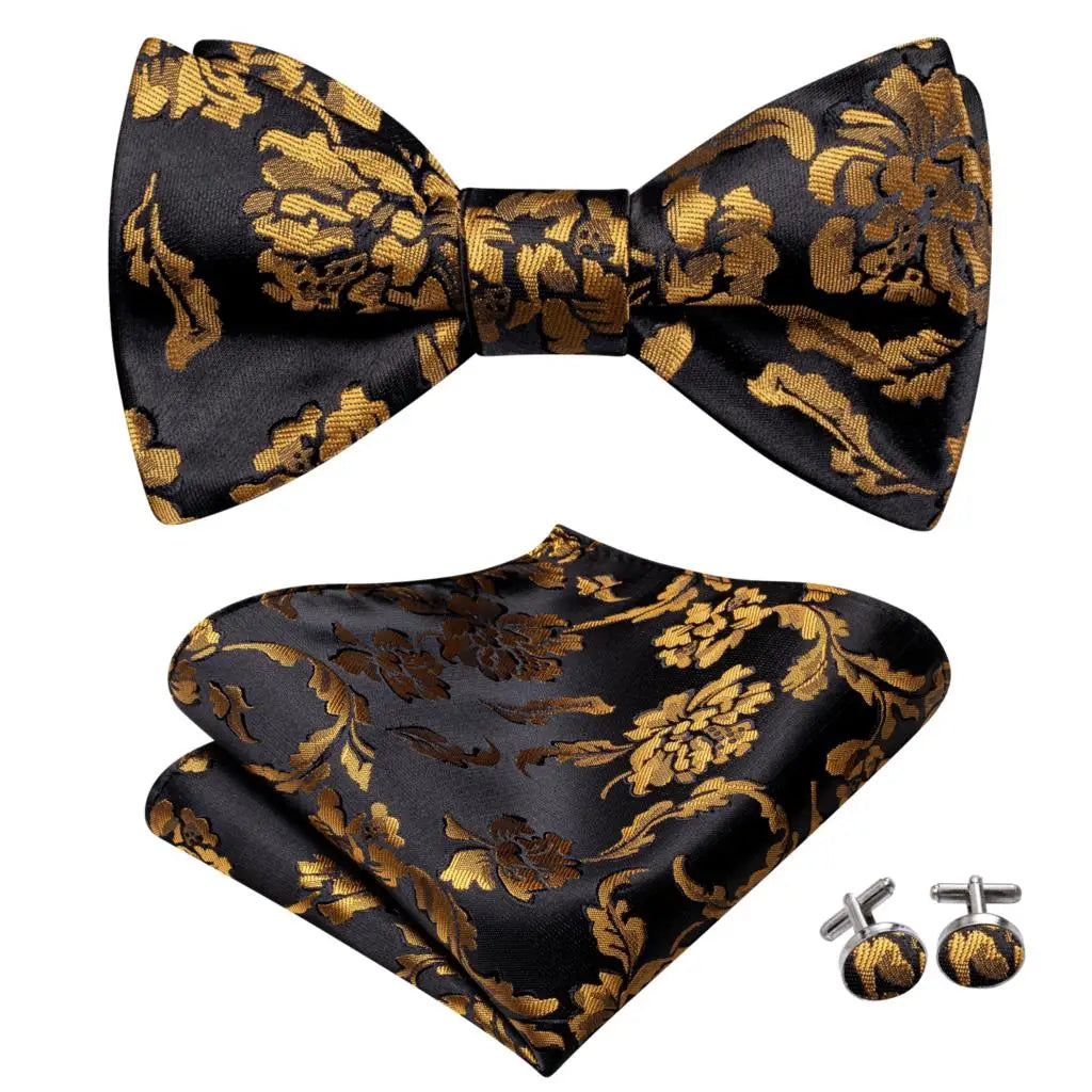 Hi-Tie - Juego de gemelos y pañuelo de seda para hombre, diseño de lazo, en azul, rojo, dorado, negro y blanco, con nudo de mariposa en jacquard para boda y negocios
