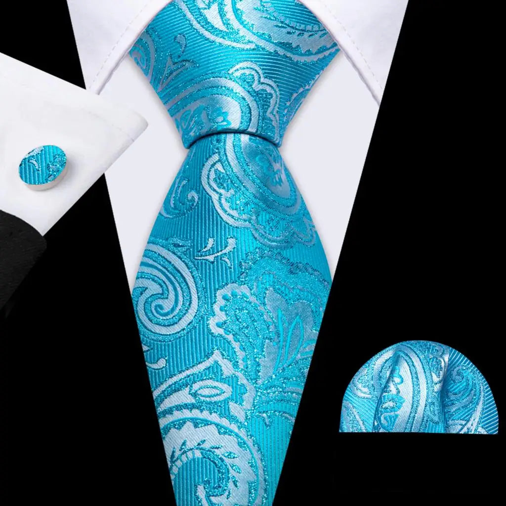 Noverlty Teal Silk Necktie For Men Solid Luxury Brand Suit Pocket Square Cufflinks High Quality Tie Set Wedding Party Barry.Wang