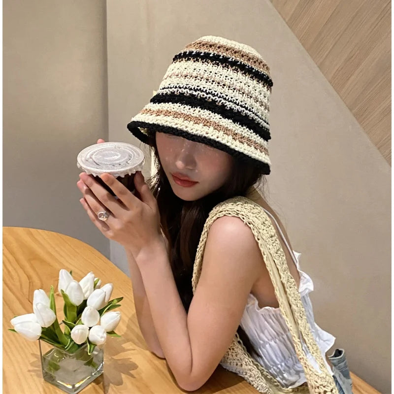 Chapeau de pêcheur coréen tricoté fin fait main, style bob à rayures, souple et polyvalent, idéal pour les voyages et le soleil, collection printemps et été