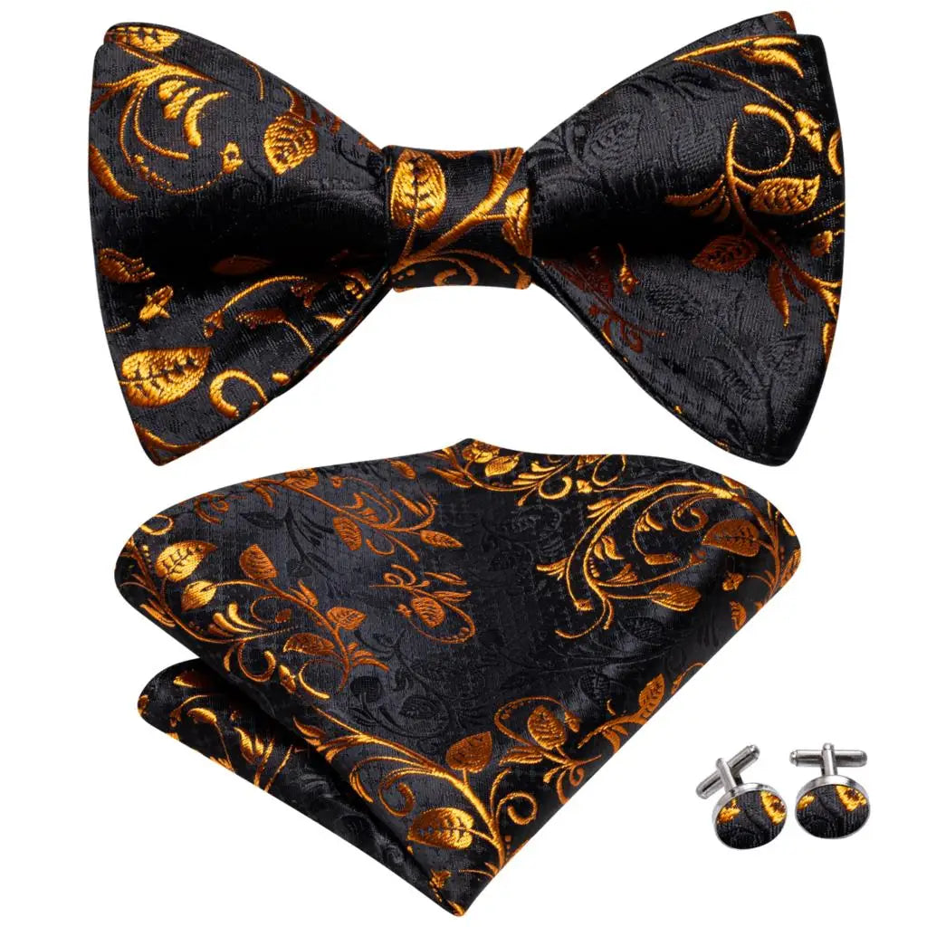 Hi-Tie - Juego de gemelos y pañuelo de seda para hombre, diseño de lazo, en azul, rojo, dorado, negro y blanco, con nudo de mariposa en jacquard para boda y negocios