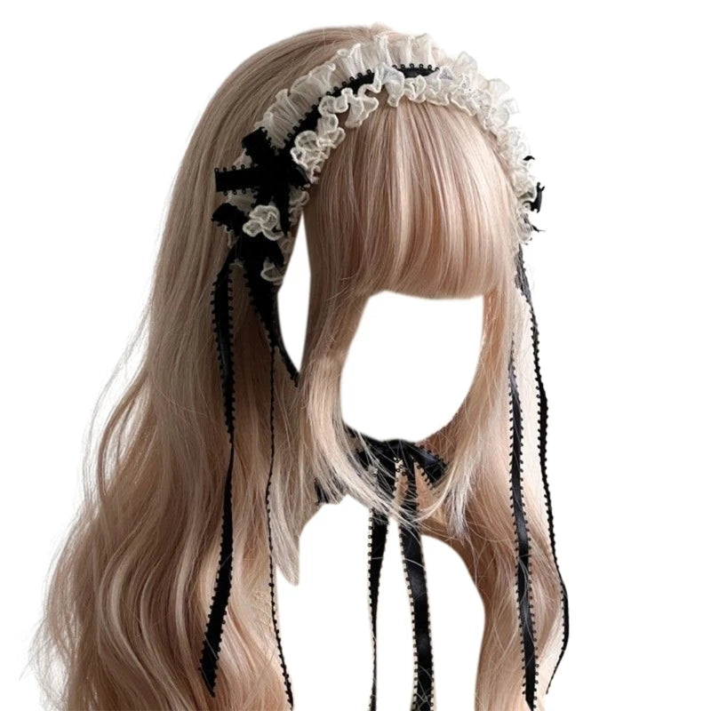 Gothic Headbands for Women Subculture Headband Gothic Bow White Headwear Cosplay Maid Flouncing Photo Props