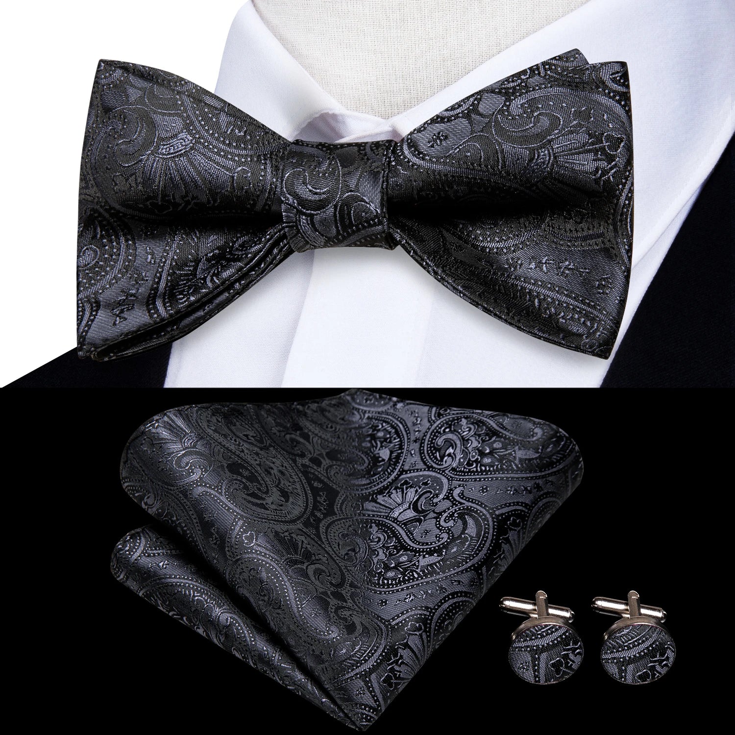 Hi-Tie - Juego de gemelos y pañuelo de seda para hombre, diseño de lazo, en azul, rojo, dorado, negro y blanco, con nudo de mariposa en jacquard para boda y negocios