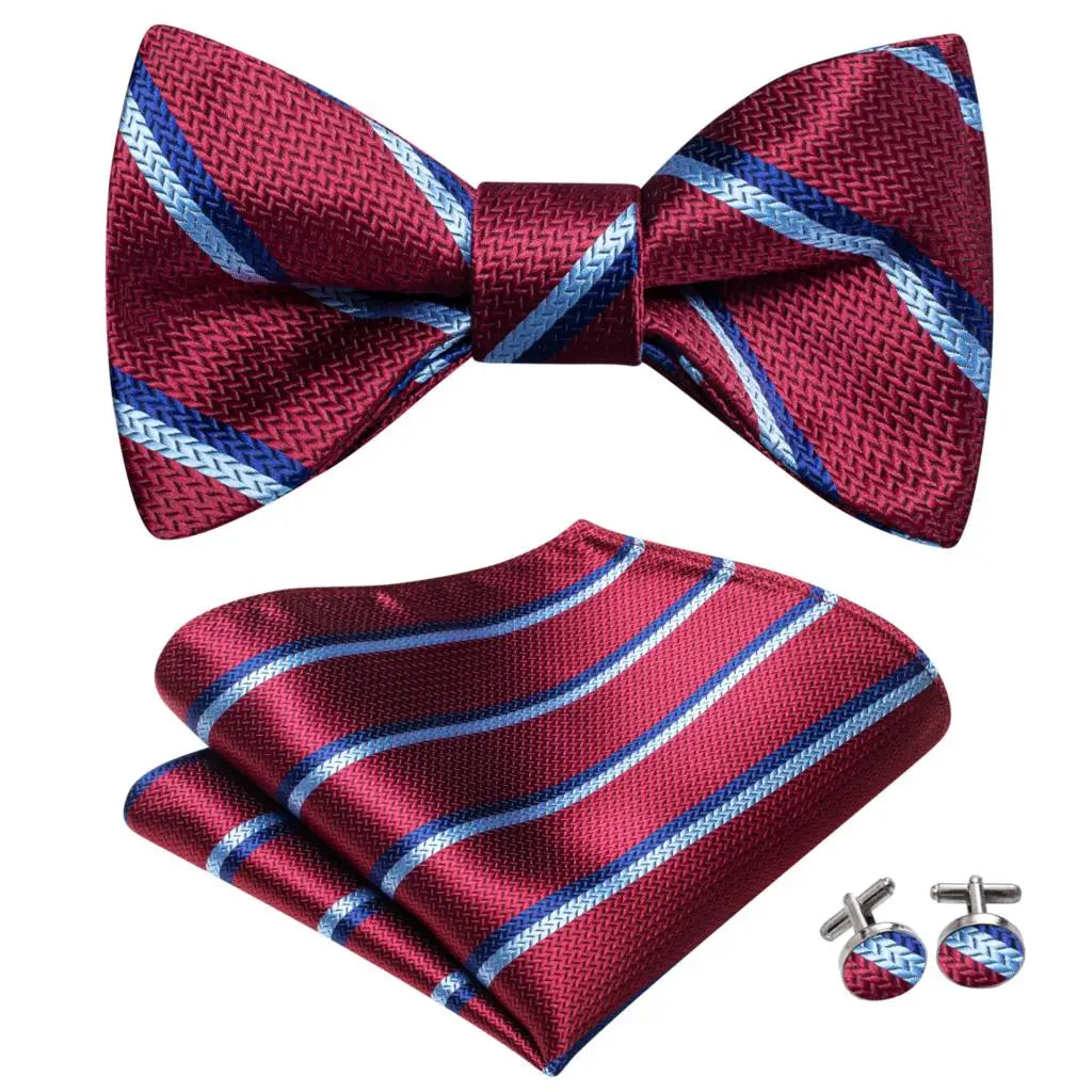 Hi-Tie - Juego de gemelos y pañuelo de seda para hombre, diseño de lazo, en azul, rojo, dorado, negro y blanco, con nudo de mariposa en jacquard para boda y negocios