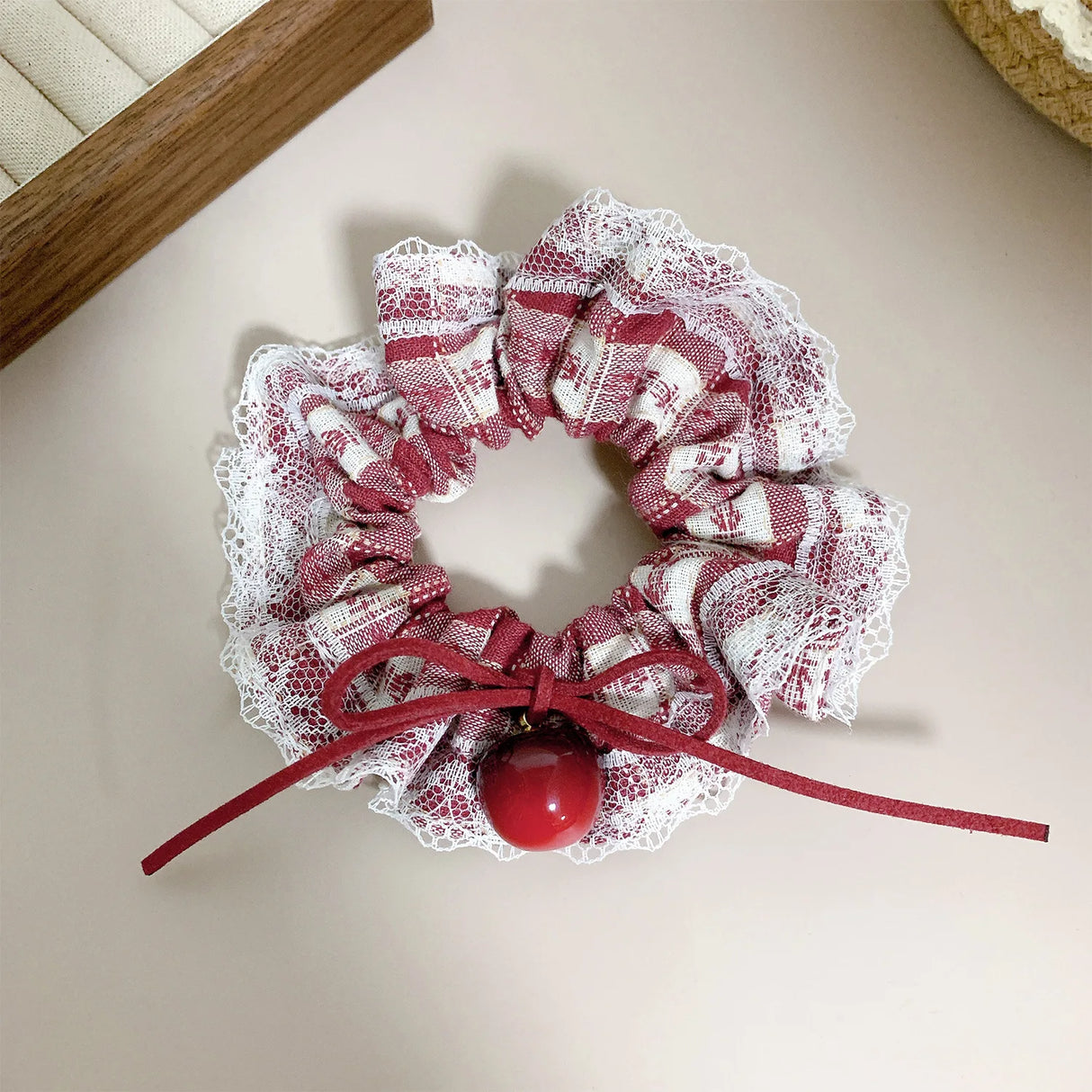 Large intestine headbands cherry hair tie square side ponytail headband red checkered hair accessory for women